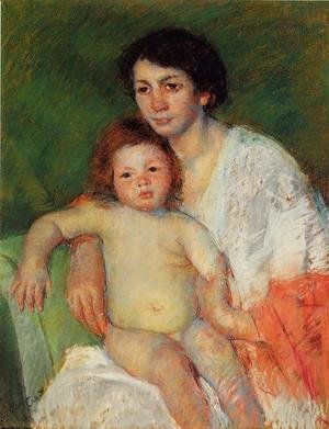 Mary Cassatt - Nude Baby on Mother's Lap Resting Her Arm on the Back of the Chair