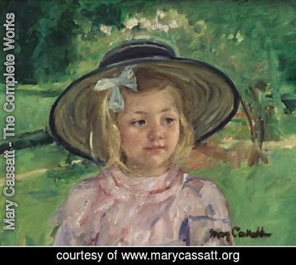 Mary Cassatt - Little Girl In A Stiff, Round Hat, Looking To Right In A Sunny Garden