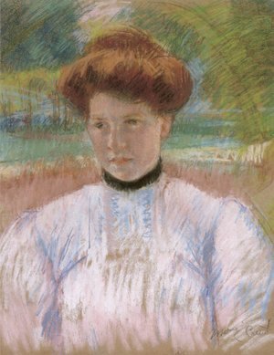 Young Woman with Auburn Hair in a Pink Blouse