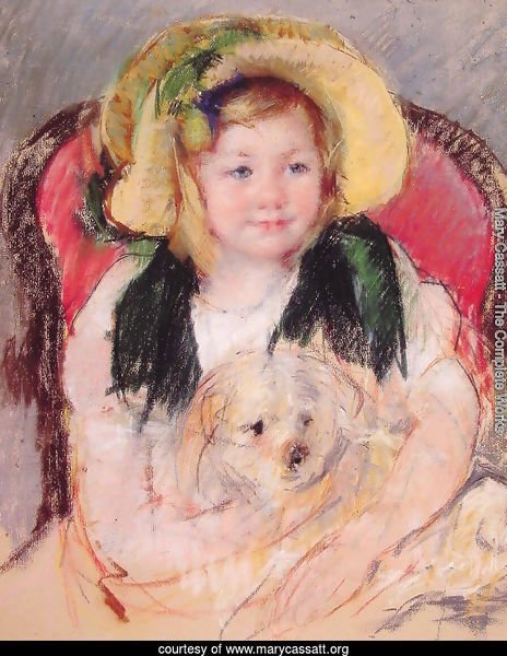 Sara With Her Dog  In An Armchair  Wearing A Bonnet With A Plum Ornament