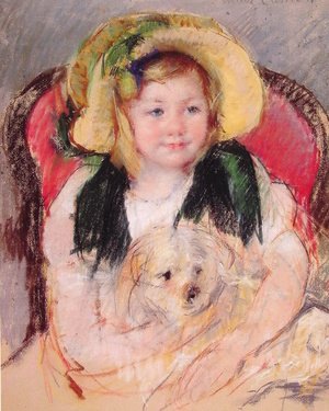 Mary Cassatt - Sara With Her Dog  In An Armchair  Wearing A Bonnet With A Plum Ornament