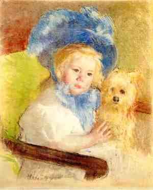 Mary Cassatt - Simone In A Large Plumed Hat  Seated  Holding A Griffon Dog