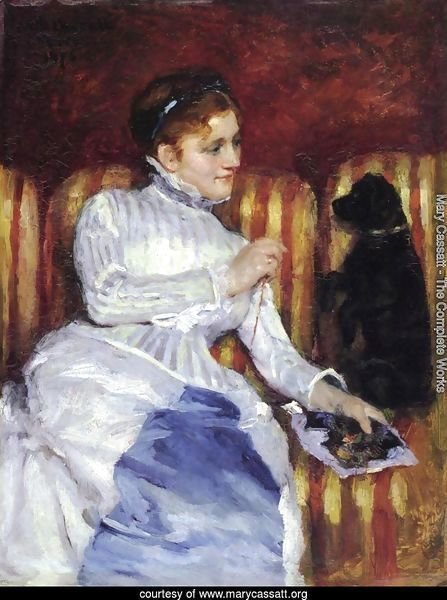 Woman On A Striped With A Dog Aka Young Woman On A Striped Sofa With Her Dog