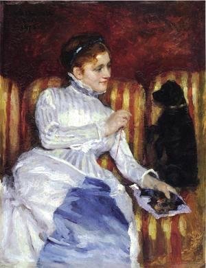 Woman On A Striped With A Dog Aka Young Woman On A Striped Sofa With Her Dog
