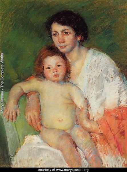 Nude Baby on Mother's Lap Resting Her Arm on the Back of the Chair