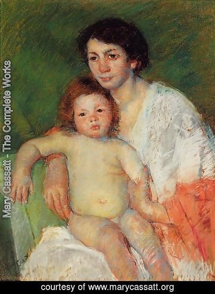 Mary Cassatt - Nude Baby on Mother's Lap Resting Her Arm on the Back of the Chair