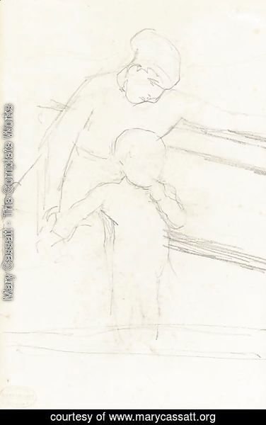 Mary Cassatt - Sketch of Nurse Seated on a Bench, Baby Standing Beside Her