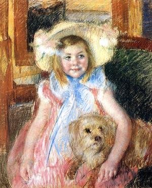 Mary Cassatt - Sara In A Large Flowered Hat  Looking Right  Holding Her Dog