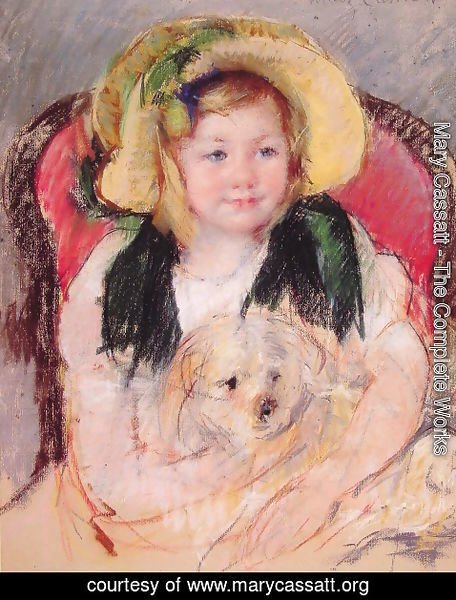 Mary Cassatt - Sara With Her Dog  In An Armchair  Wearing A Bonnet With A Plum Ornament