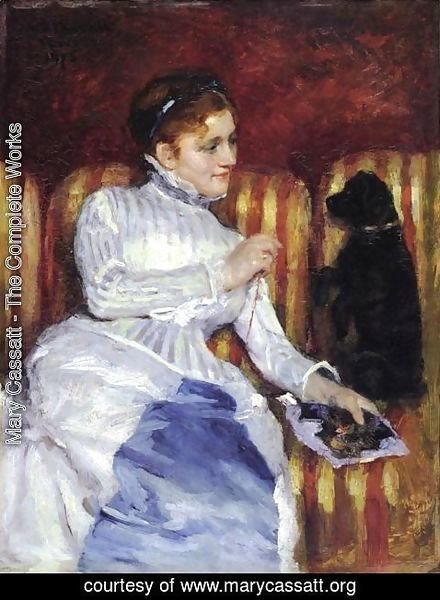 Mary Cassatt - Woman On A Striped With A Dog Aka Young Woman On A Striped Sofa With Her Dog